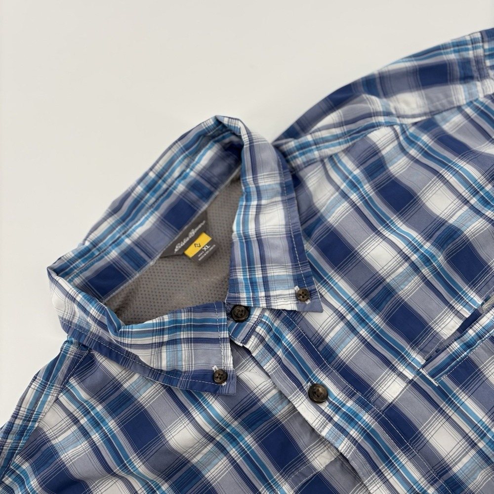 Eddie Bauer Travex Button Up Shirt Blue Striped Men Size XL Outdoor Fishing